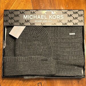 Michael Kors Dark Gray Ribbed Scarf & Beanie Set